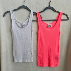 HM Divided Ribbed Tank Tops 2 Pack Lot White Neon Pink Neon‎ Coral S Small Camis